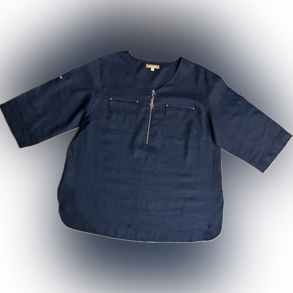 EUC Ellen Tracy SZ 2X navy blue 100% linen top w/gold accents/bust 54”, PTP 27” - Picture 5 of 10